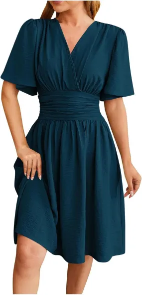 Women's Wrap V-Neck Midi Dress Ruffle Short Sleeve Boho Summer Beach Dress Flowy Pleated Wedding Guest Dresses