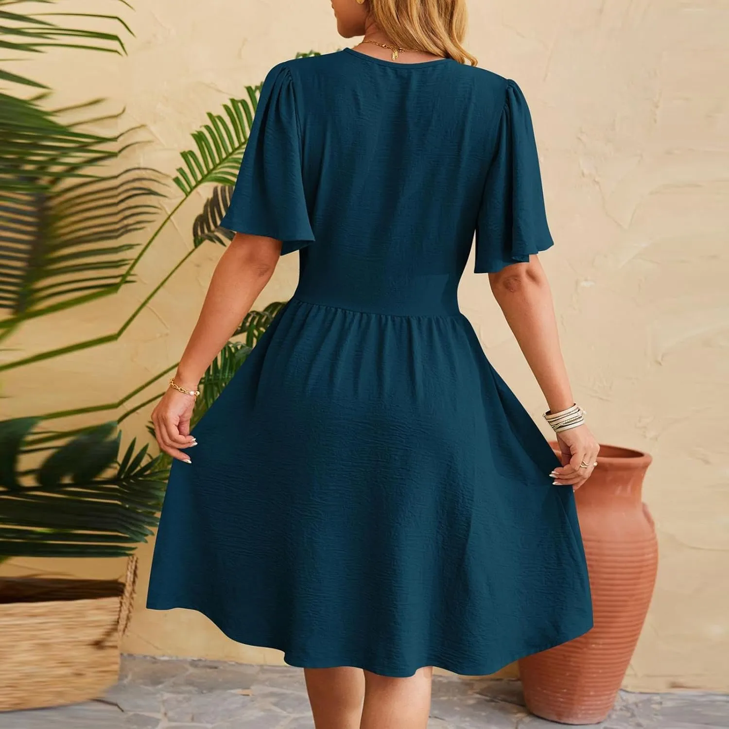 Women's Wrap V-Neck Midi Dress Ruffle Short Sleeve Boho Summer Beach Dress Flowy Pleated Wedding Guest Dresses