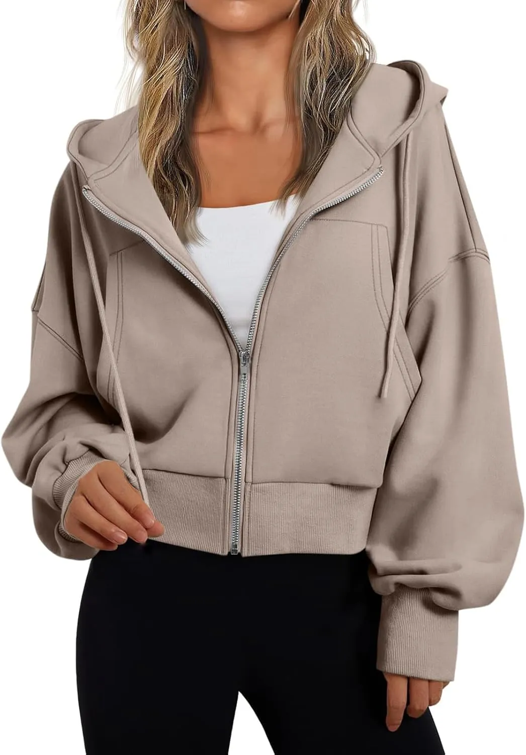 Womens Zip Up Hoodies Casual Drawstring Cropped Sweatshirt Jackets Long Sleeve Fleece Lightweight Coat with Pockets