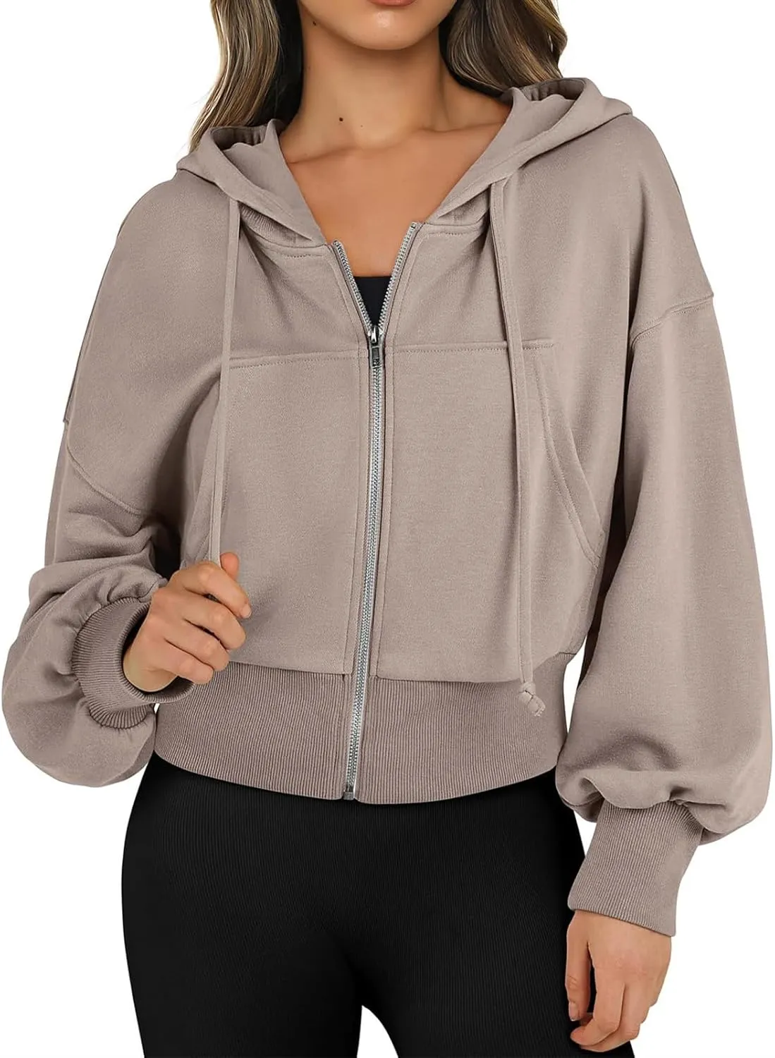 Womens Zip Up Hoodies Casual Drawstring Cropped Sweatshirt Jackets Long Sleeve Fleece Lightweight Coat with Pockets