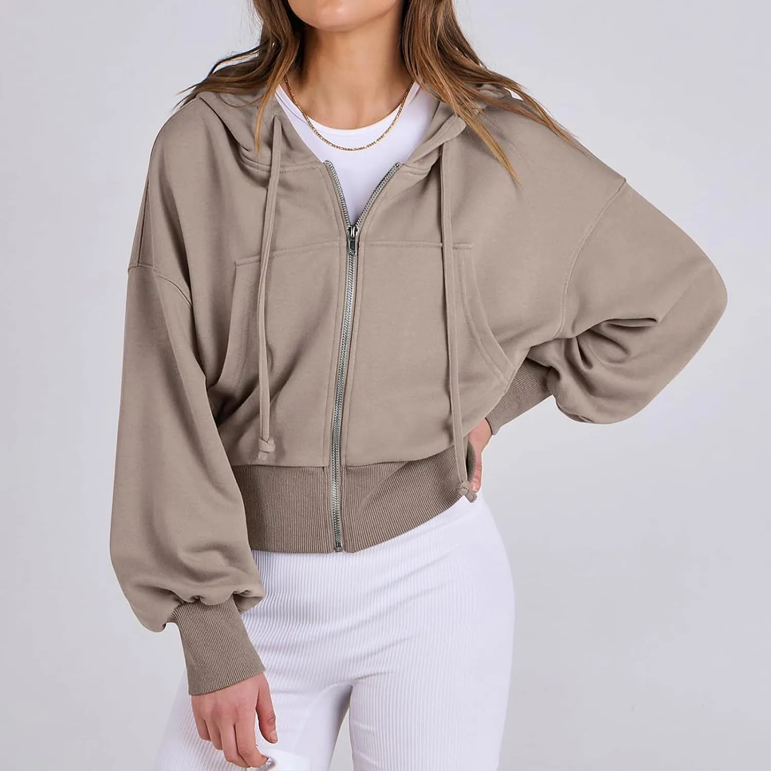 Womens Zip Up Hoodies Casual Drawstring Cropped Sweatshirt Jackets Long Sleeve Fleece Lightweight Coat with Pockets