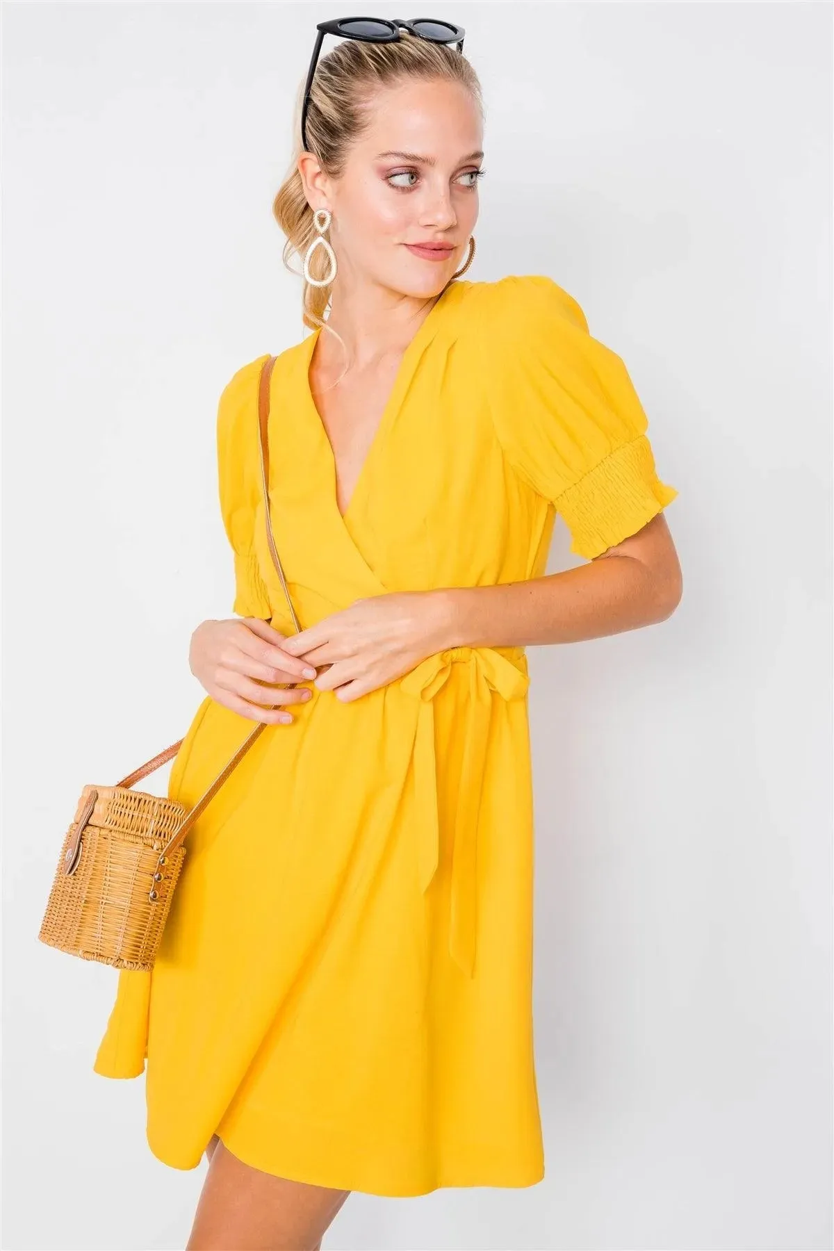 Yellow Vintage V-Neck Smocked Short Puff Sleeve Classic Mini Sundress