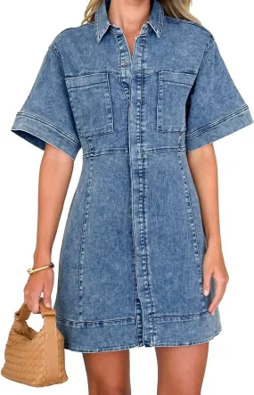 yoeasy Women's Denim Shirt Dress Summer Short Sleeve Button Down A Line Swing Ruffle Vintage Jean Mini Dress