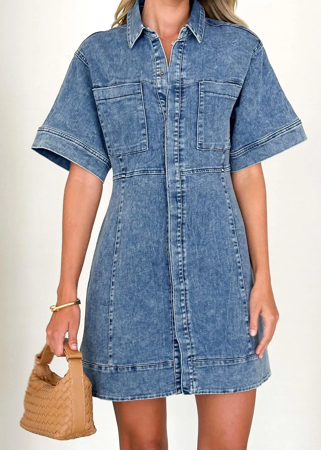 yoeasy Women's Denim Shirt Dress Summer Short Sleeve Button Down A Line Swing Ruffle Vintage Jean Mini Dress