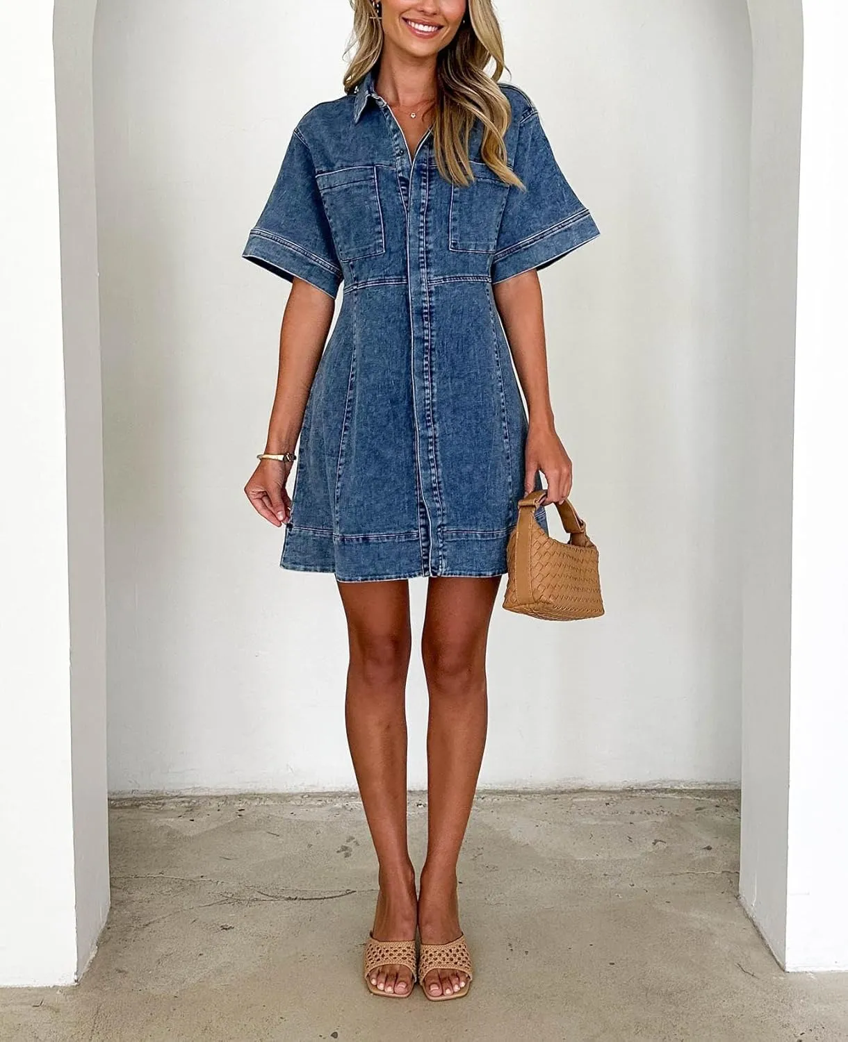 yoeasy Women's Denim Shirt Dress Summer Short Sleeve Button Down A Line Swing Ruffle Vintage Jean Mini Dress