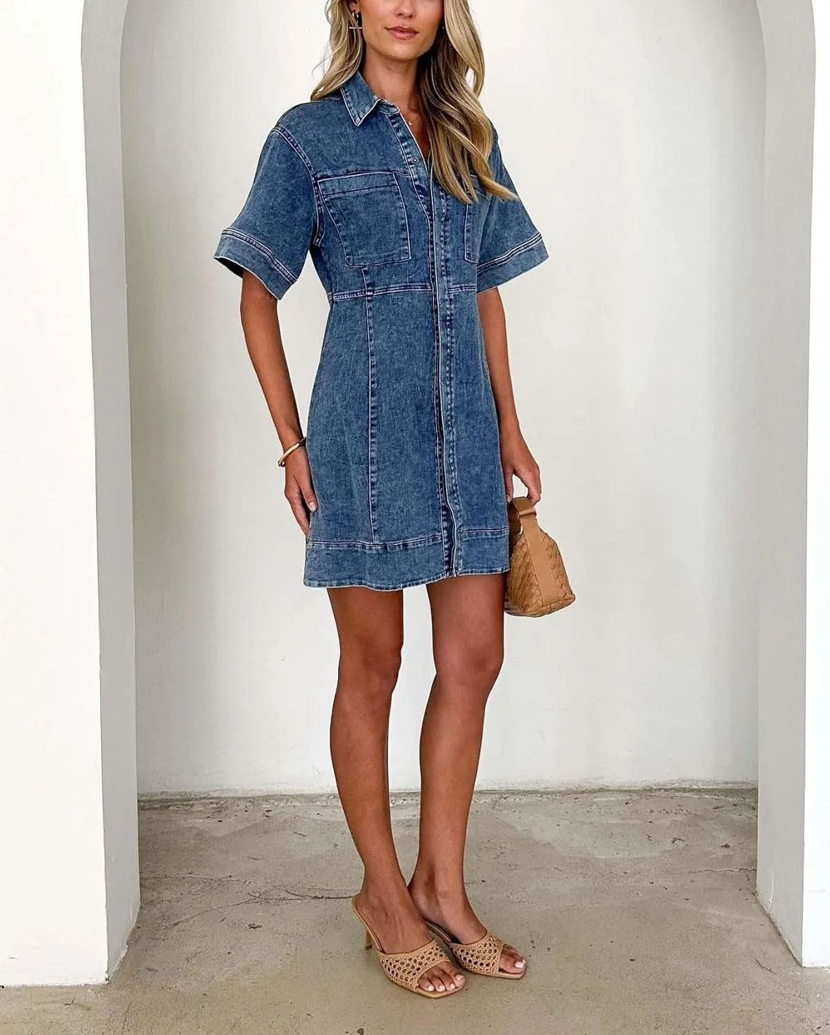 yoeasy Women's Denim Shirt Dress Summer Short Sleeve Button Down A Line Swing Ruffle Vintage Jean Mini Dress