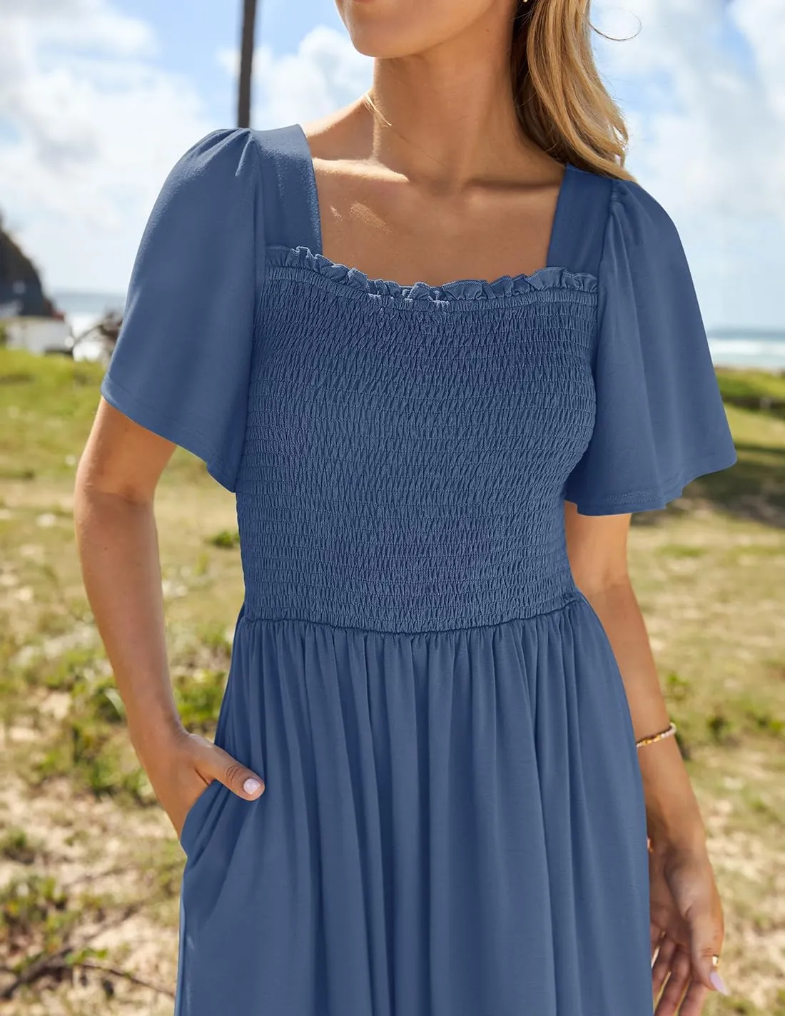 ZESICA Women's 2025 Summer Casual Mini Dress Flutter Short Sleeve Square Neck Smocked Tiered Ruffle Flowy Dresses